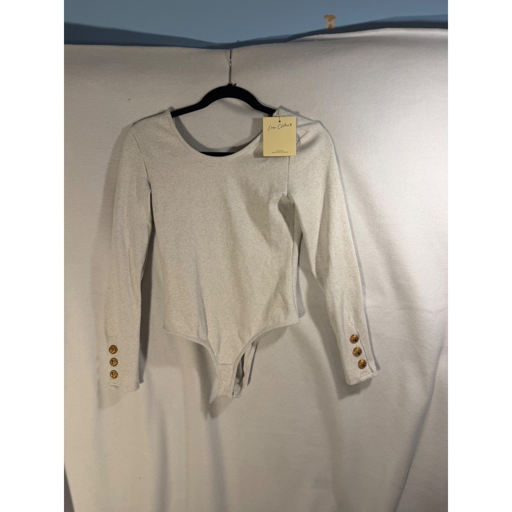 Easy Clothes Grey Ribbed Open Back Bodysuit Gold Button Cuffs SK13040 S/M